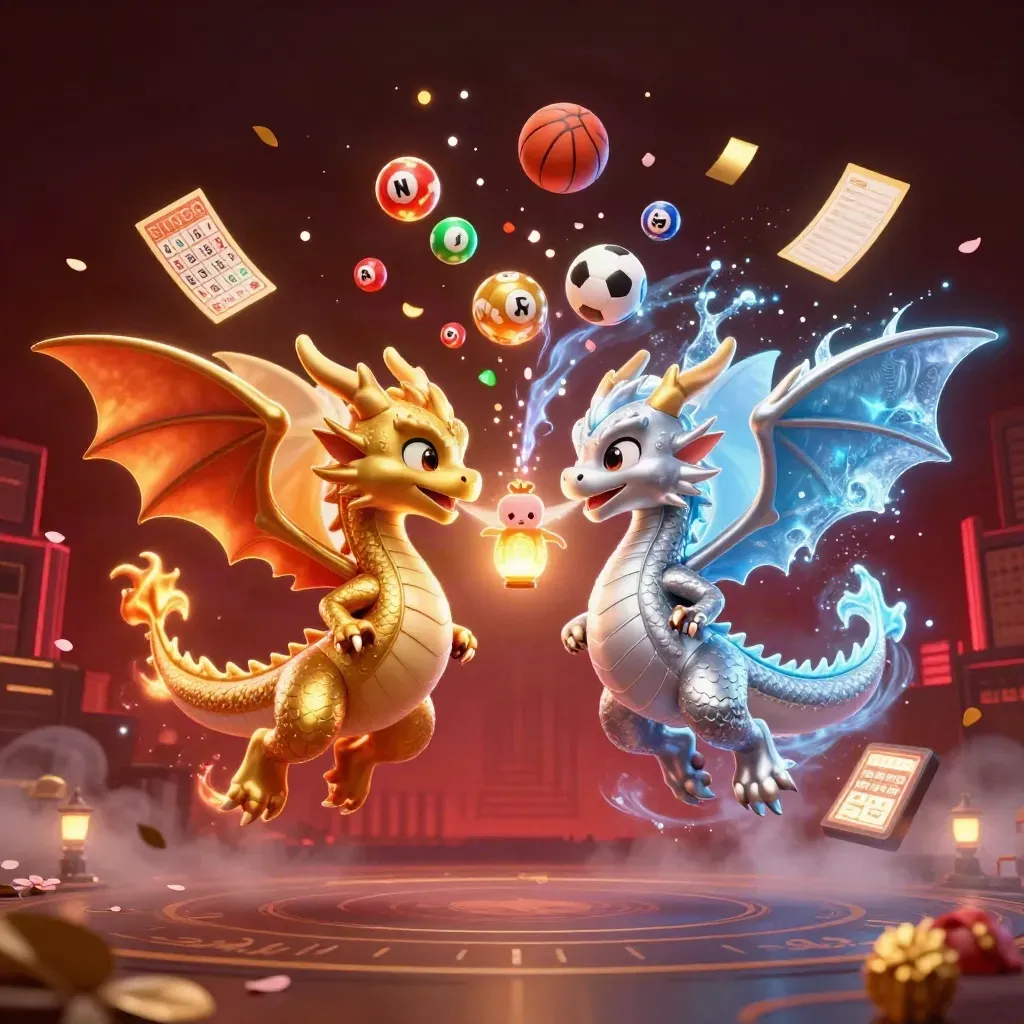 Gold and silver dragons whirl amid casino icons, with a dark red neon skyline.