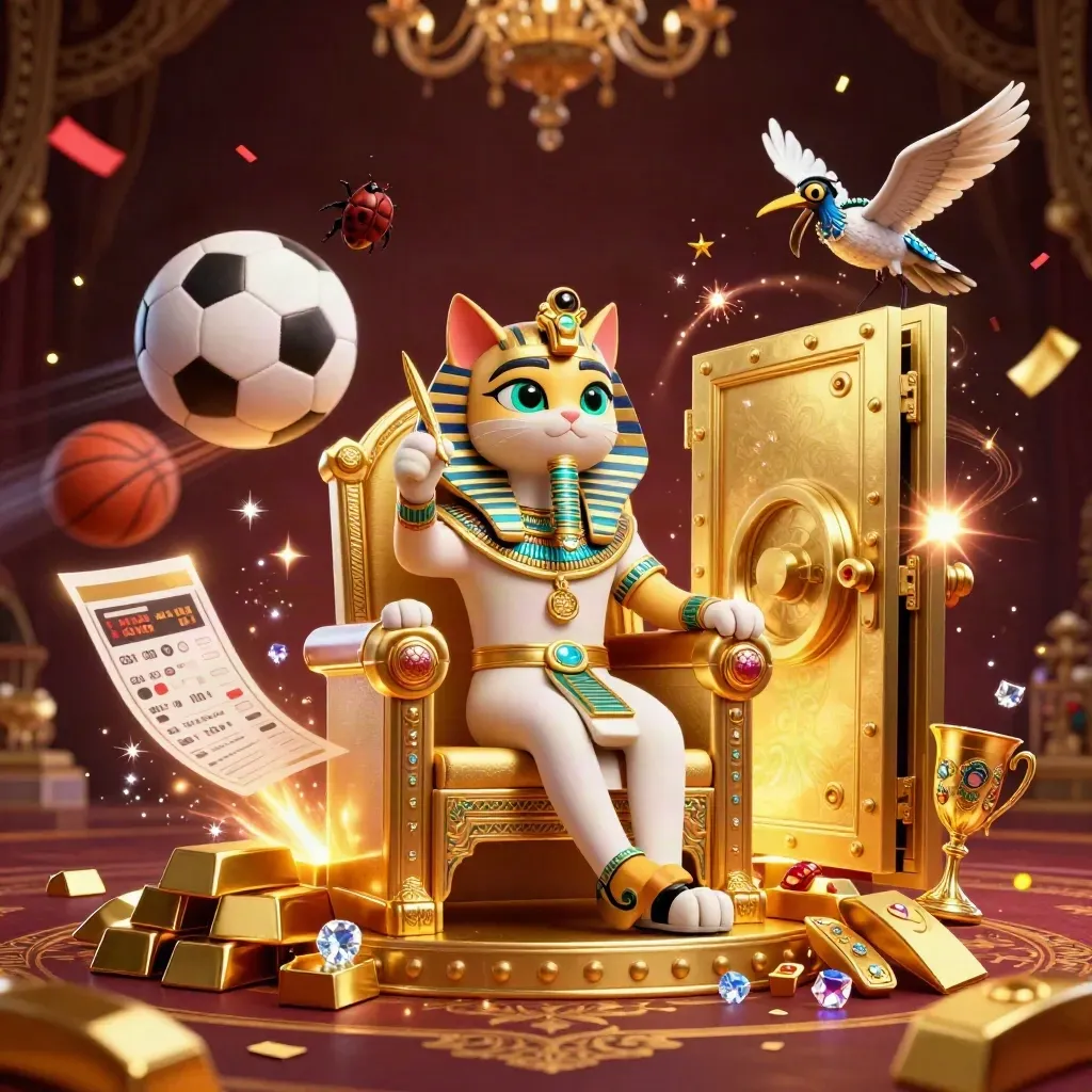 Pharaoh cat, ibis scribe, scarabs, vault glow, gold, gems, confetti, cinematic casino art