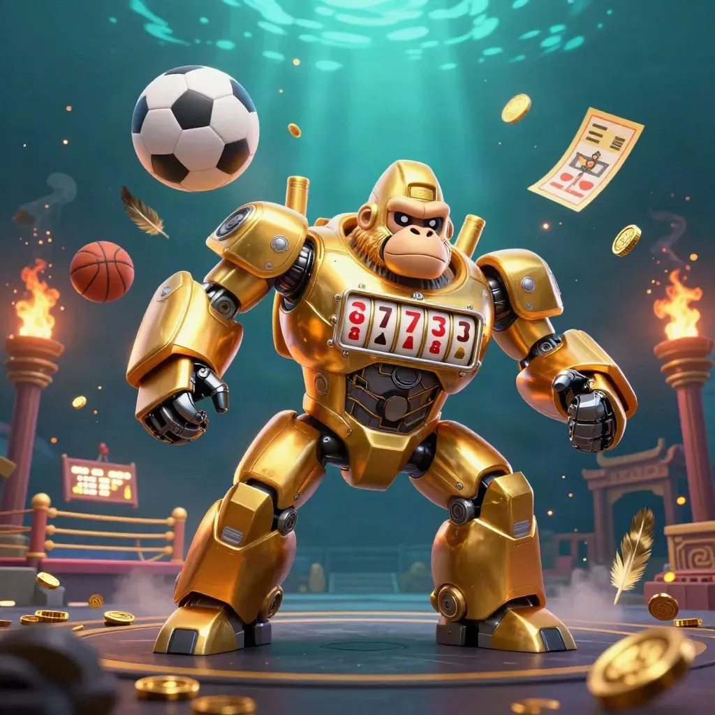 Golden gorilla mech with monkey pilot amid coins, balls, temple gate, and underwater light rays.