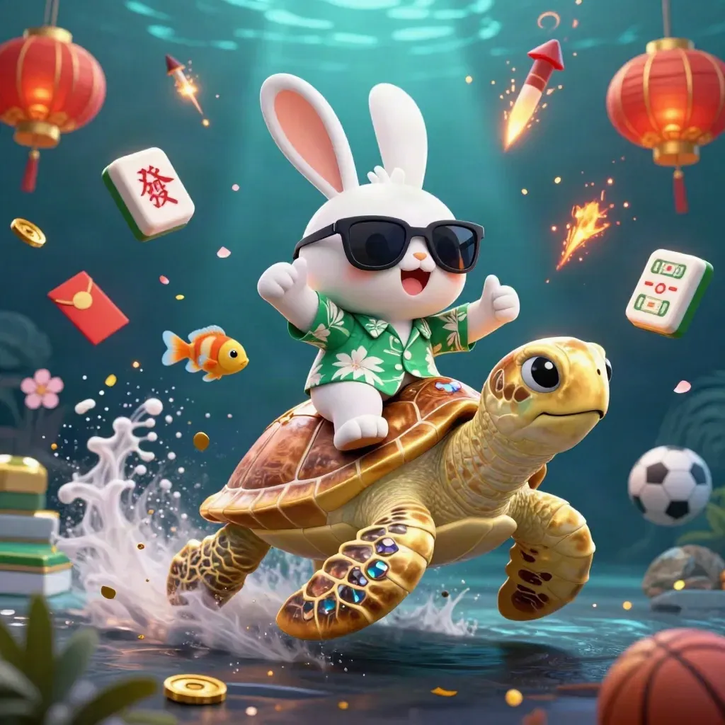 Lucky rabbit on golden sea turtle amid sports icons, lanterns, and underwater light.