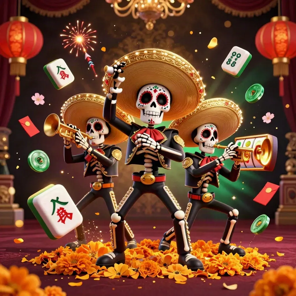 Skeleton mariachi trio amid casino treasures, lanterns, coins, and emerald glow on burgundy black.