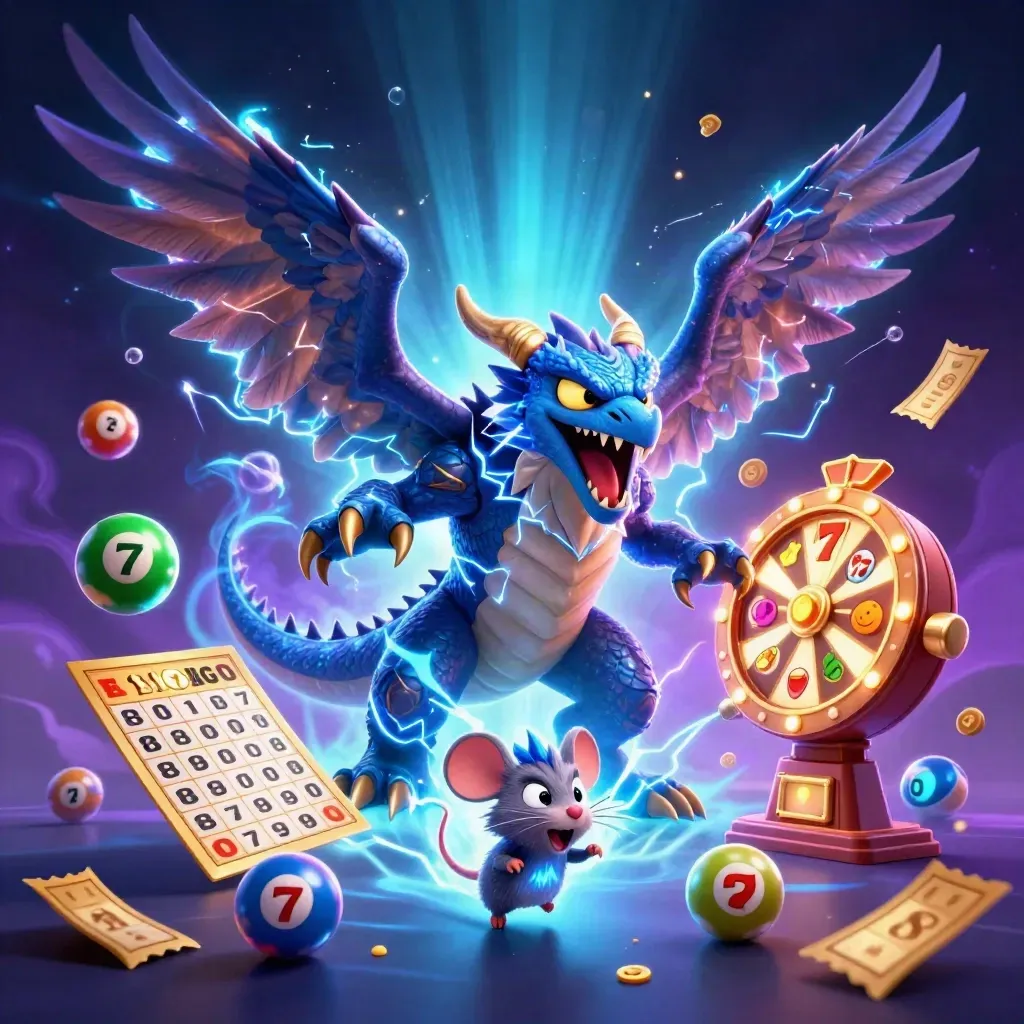 Thunder dragon, wind hawk and static mouse amid casino game bursts and electric-blue lightning.