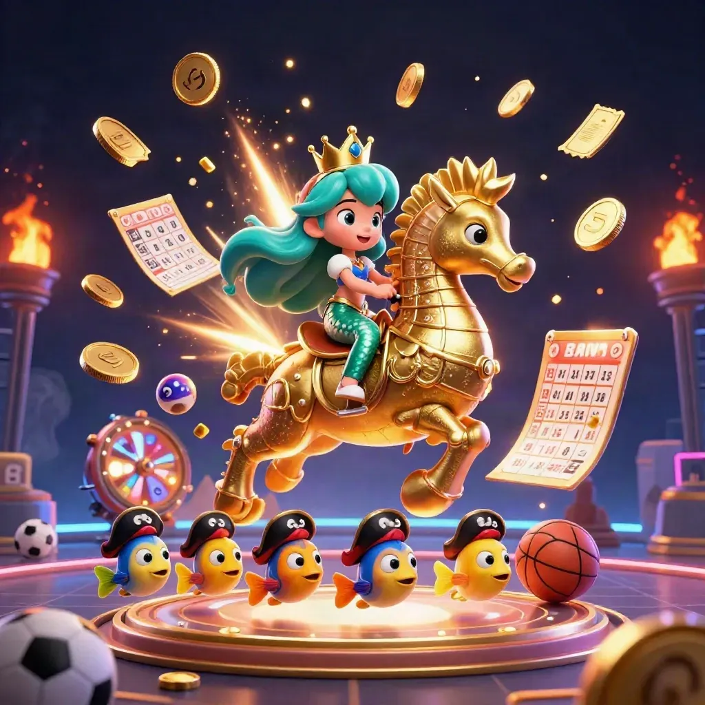 Mermaid princess on armored seahorse amid coins, fish, lottery balls and casino bursts.