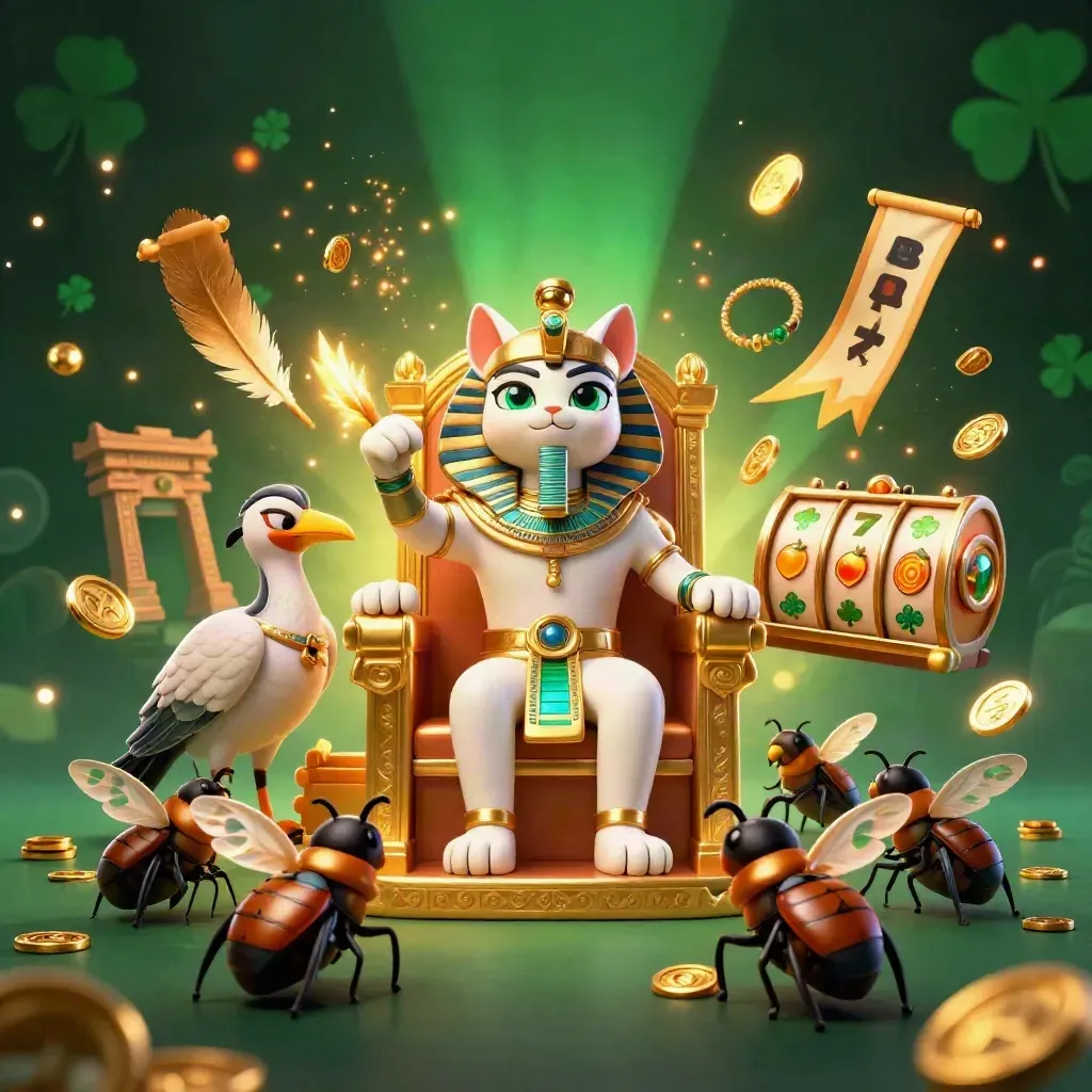 Pharaoh cat, ibis scribe, and gem-wing scarabs amid gold reels in emerald light.